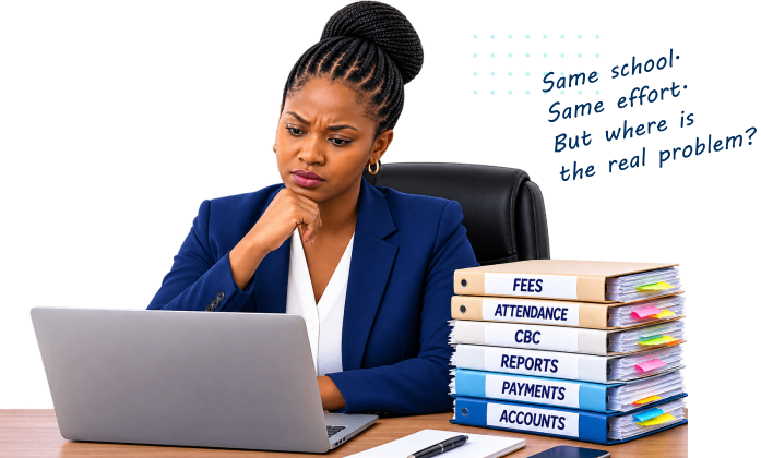 School administrator reviewing fees, attendance, CBC, reports and payments binders